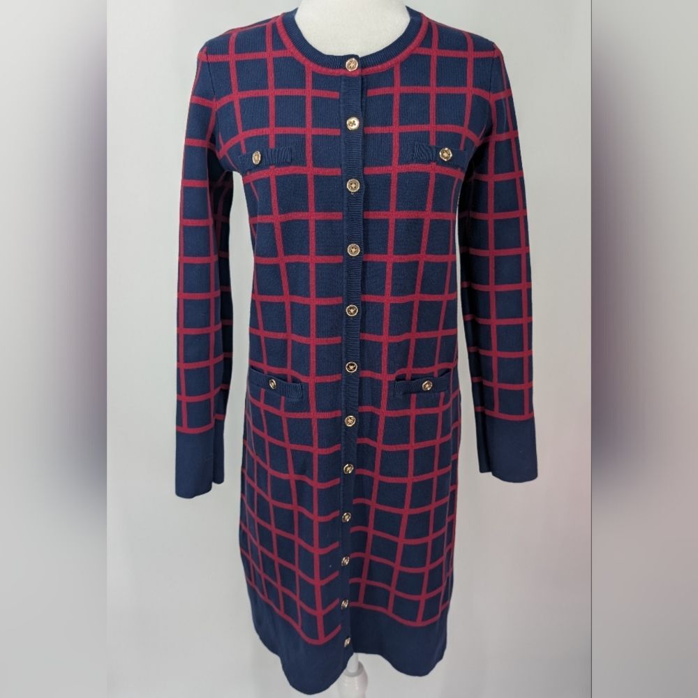 J. Peterman Luxury Blue Red Plaid Button Down Long Sleeve Sweater Dress Small